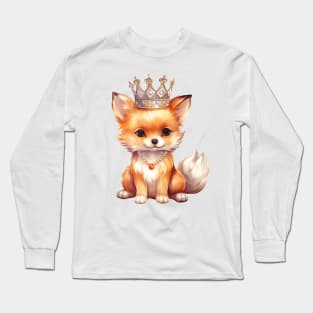 Watercolor Red Fox Wearing a Crown Long Sleeve T-Shirt